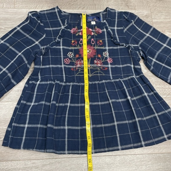 Blue Rain Navy Windowpane Embroidered Floral Long Sleeve Blouse S - Picture 10 of 16